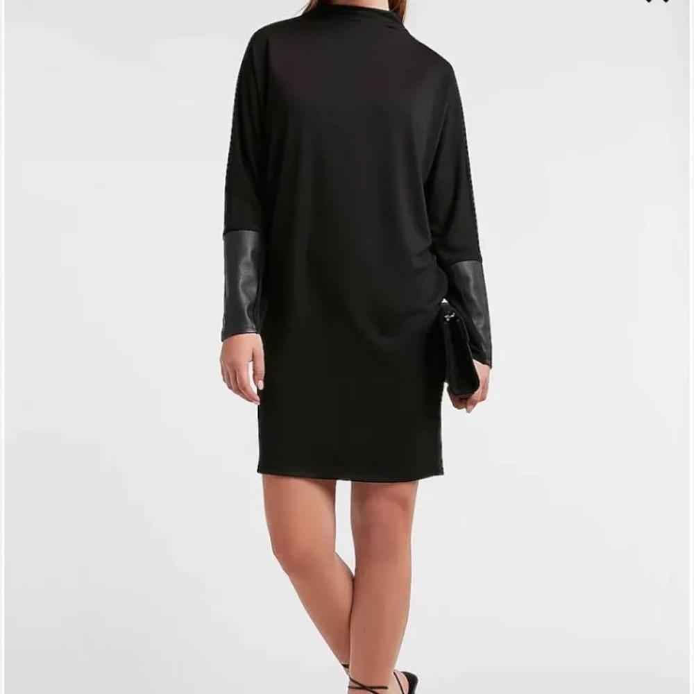 Black Express Mock Neck Professional Dress with Faux Leather Sleeves XS